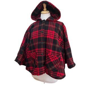 Pendleton Vintage Red Black Plaid Wool Hooded Cape Poncho Made USA OS